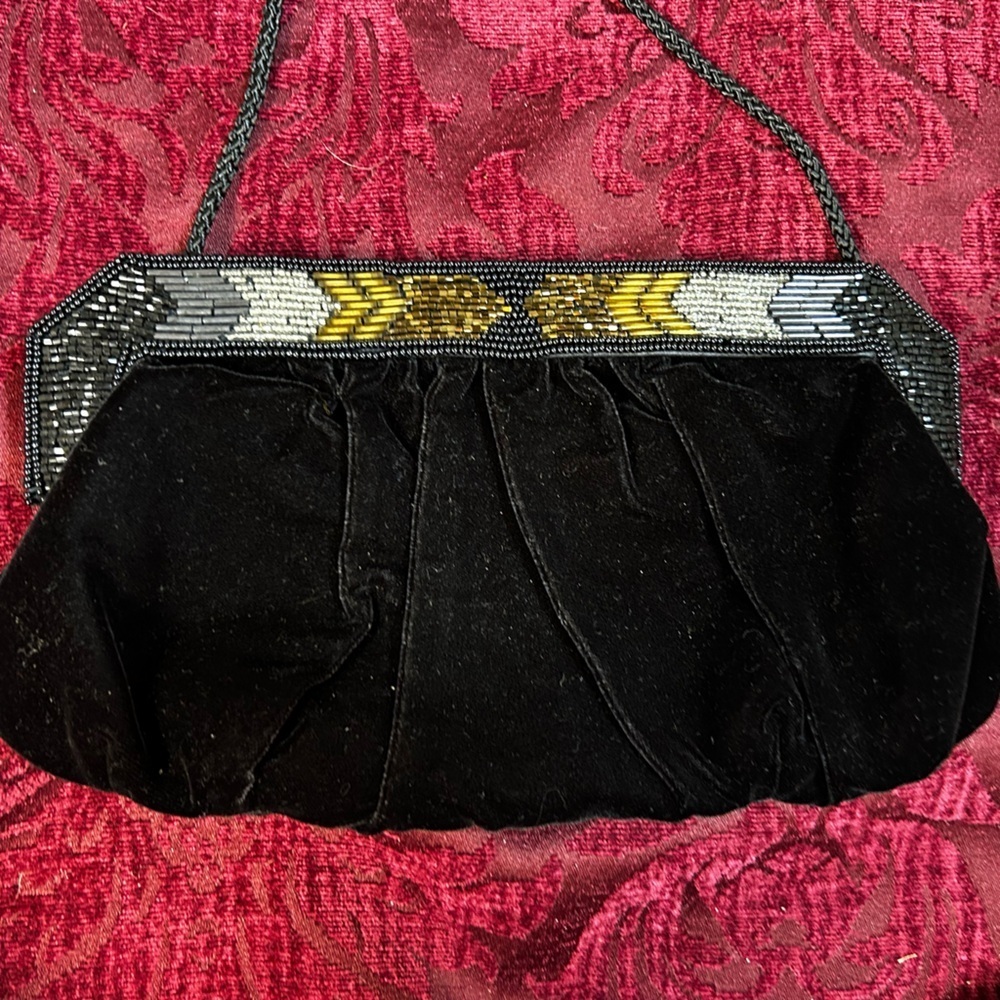 Black Velvet Beaded Evening Bag with Chain Strap
